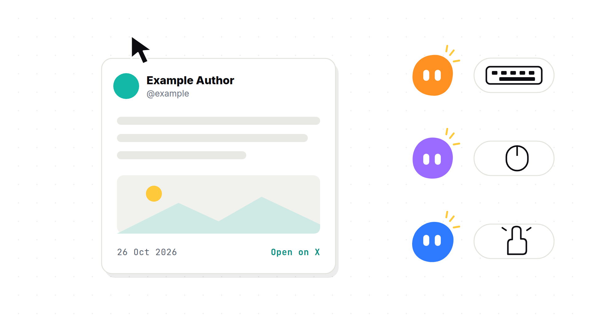 A mock X post hover card with an author, text lines, an image and an Open on X link, beside three mascots marking keyboard, mouse and touch.
